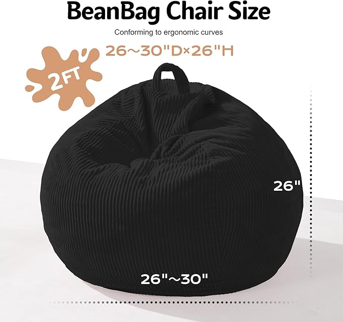 Homguava 2FT Bean Bag Chair,Teardrop Bean Bags Small Beanbag Chair with Memory Foam Filled and Ultra Soft Corduroy Cover for Living Room, Bedroom (Black)