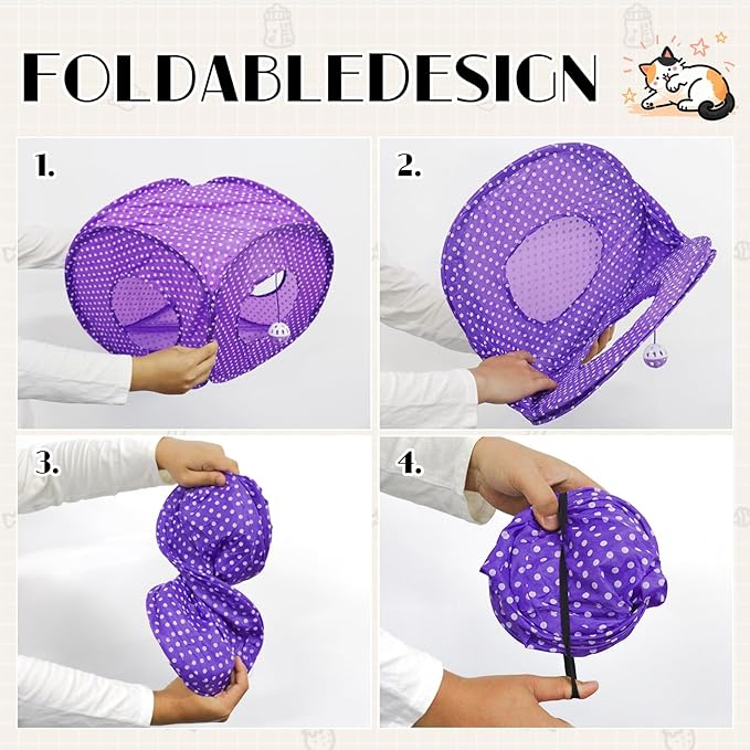 Andiker Cat Tent, 3 Holes Safe and Strong Cute Cats Tunnel Collapsible Easy to Carry Cat House for Indoor Cats Kittens Hiding Playing Training Sleeping (Square Purple)