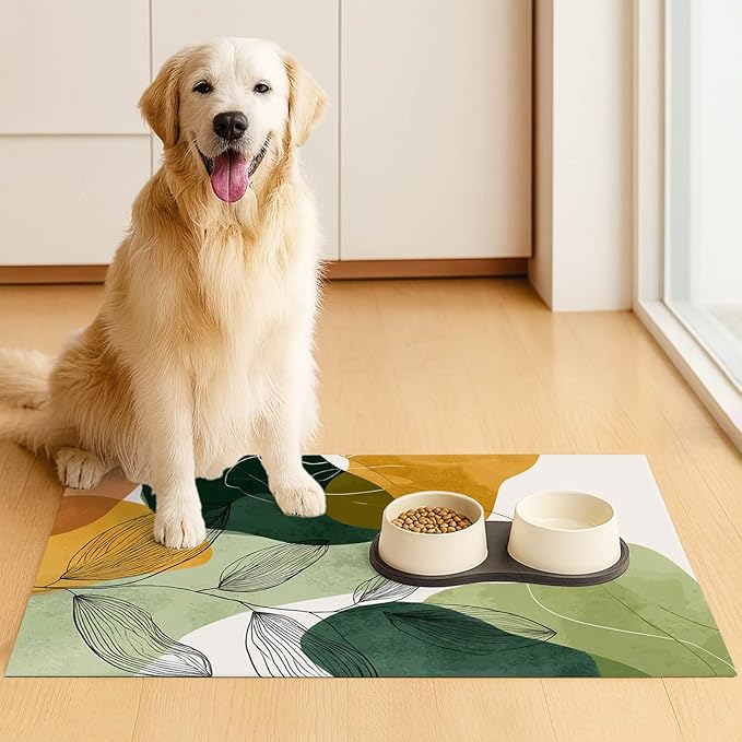 Modern Abstract Leaf Design Pet Feeding Mat 20" x 12" Pet Food Mat Non Slip Mat for Dog Food and Water Bowls Easy Clean Dog Bowl Mats Pets Placemat for Kitchen Pets Feeding Area Decor