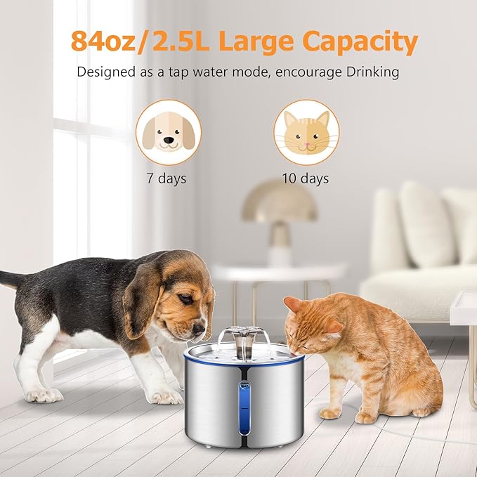 Cat Water Fountain, 84oz/2.5L Stainless Steel Pet Water Fountain, Automatic Dog Water Dispenser with Water Level Window, Ultra-Quiet Pump, Perfect for Cats, Dogs and Multiple Pets