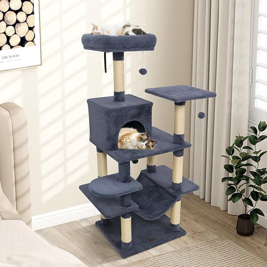 PETSITE Multi-Level Cat Tree, 58 Inches Tall with Sisal Scratching Posts, Condo, Hammock, Dangling Balls, Jumping Platforms, and Cozy Top Perch, Ideal for Indoor Cats to Play and Rest (Dark Grey)