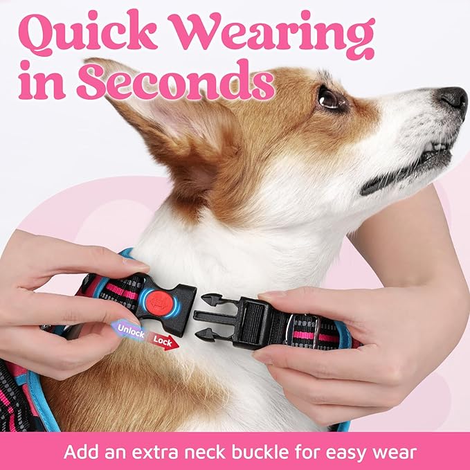rabbitgoo Dog Harness Medium Sized, No Pull Dog Vest with 3 Buckles, Adjustable Soft Padded Pet Harness with Easy Control Handle and Reflective Strips, Rose Pink & Blue, M