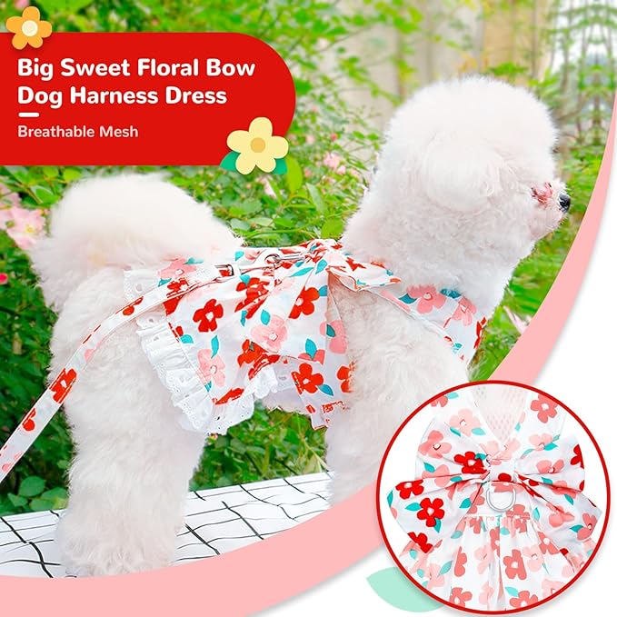 Cute Floral Dog Harness Dress and Leash Set for Small Dogs Cats Girl Puppy Bowknot Princess Birthday Dress Summer Female Pet Small Dog Clothes Lace Doggie Kitten Outfits Apparel(Red,XS)