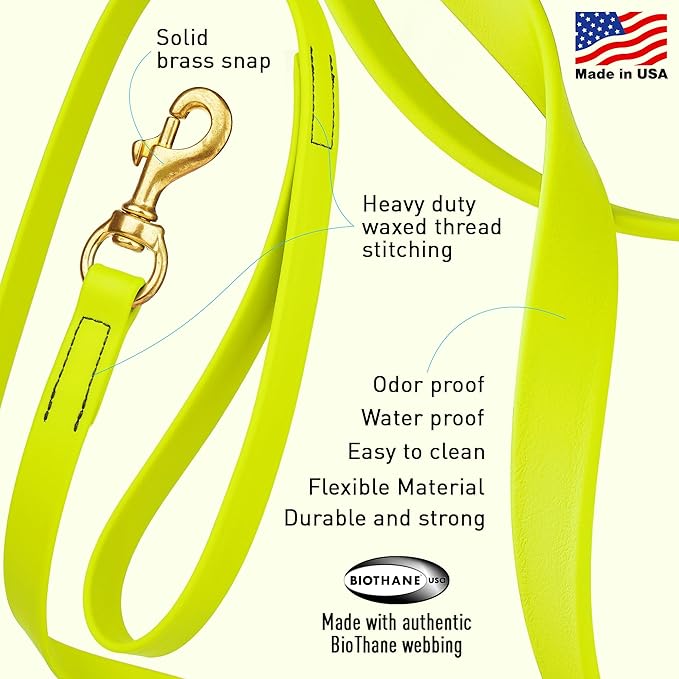 Viper Biothane K9 Working Dog Leash Waterproof Lead for Tracking Training Schutzhund Odor-Proof Long Line with Solid Brass Snap for Puppy Medium and Large Dogs, 10ft Safety Yellow