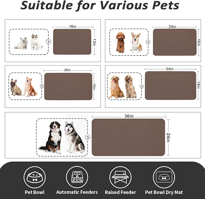 Dog Food Mat - Absorbent Cat Mat for Food and Water, No Stains Pet Feeding Bowl Mat, Easy to Clean Pet Placemats, Quick Dry Dog Water Dispenser Mat for Messy Drinkers | Brown 24"x36"