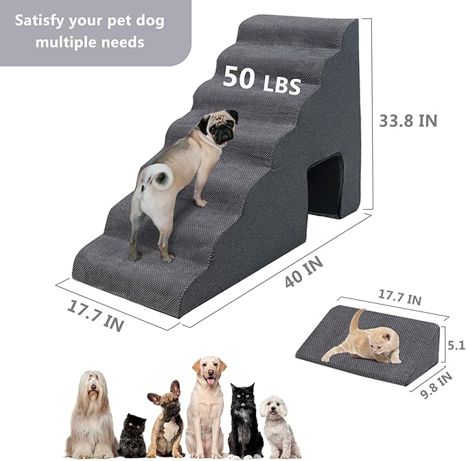 Dog Stairs for High Beds 30-36 inches Tall, 7-Step Pet Stairs/Steps for Small Large Dogs, 30D Foam Pet Steps/Ramp/Ladder for High Bedsides, with 4pcs Dog Ramp for Stairs, Dark Grey
