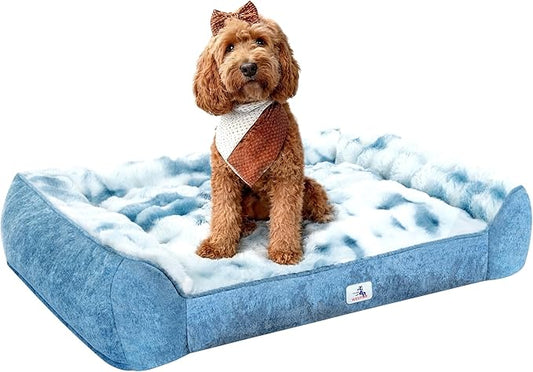 Dog Bed with Shredded Foam Filling, Calming Pet Sofa with Removable Washable Cover, Soft Faux Fur Bolster Couch for Dogs, Anti-Slip Bottom (Tie-Dyed Blue, Medium)