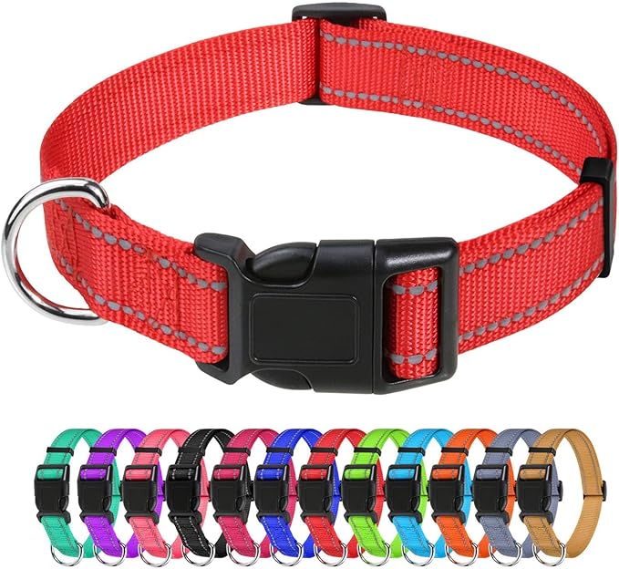 TagME Reflective Nylon Dog Collars, Adjustable Classic Pet Collar with Quick Release Buckle for Extra Large Dogs, Red, 1¼" Width