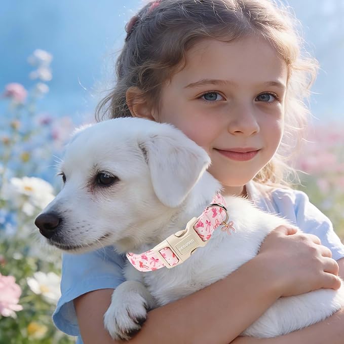 DOGWONG Pink Dog Collar, Cute Flower Girl Female Dog Collar Adjustable Soft Bowtie Print Pet Dog Collar Puppy Necklace for Small Dogs,XS