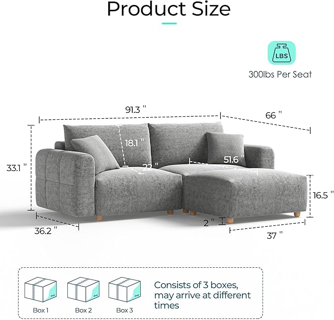 LINSY HOME Cloud Couch Sectional, Modular Sofa Sectionals for Living Room Bedroom, 91" U Shape Love Seat Couch with Ottoman, 2 Seater Deep Seat Cozy Couch Luxury Chenille Sofas, Grey