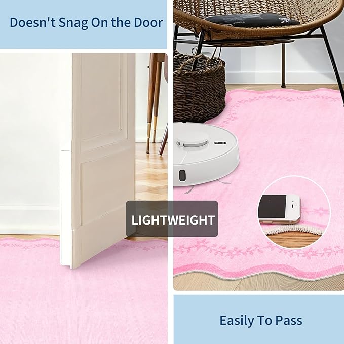 GarveeHome 2x6 Valentines Scalloped Washable Runner Rug for Girls Bedroom, Soft Pink Hallway Runner Non Slip Entryway Rug Farmhouse Thin Laundry Mat Stain Resistant Carpet for Kirchen Bathroom Rug