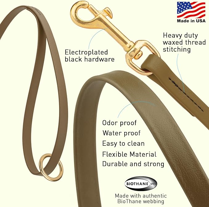 Viper Biothane K9 Working Dog Leash Waterproof Lead for Tracking Training Schutzhund Odor-Proof Long Line with Solid Brass Snap for Puppy Medium and Large Dogs 4ft, Coyote Brown