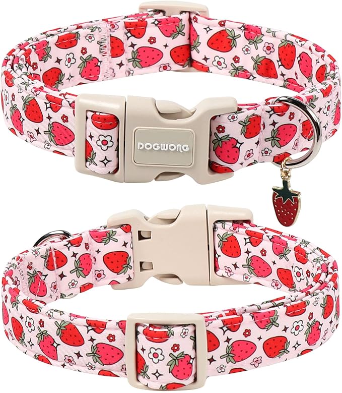 DOGWONG Strawberry Dog Collar, Cute Pink Strawberry Pet Collars with Quick Release Buckle for Puppy Small Medium Large Boy Girl Dogs-XL
