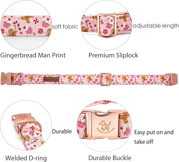 Elegant little tail Dog Collar, Christmas Pink Gingerbread Man Print Pet Collar Cute Dog Collars Male or Female Pet Gift Adjustable Dog Collar for Medium Dogs