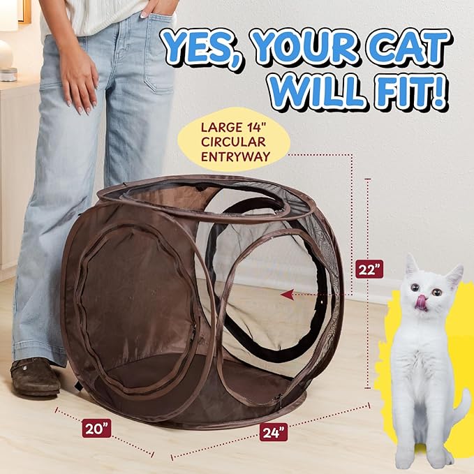 Sexy Liza’s Pop Up Tent Cat Cube - 24x22x20” Play Tent w/ 14” Hole - Connects with Snarky Pets Timmy & Mister’s Tunnel - Outdoor Cat Tent, Play Pen, Zip Connect, Outdoor cat House or Small Dog Bed