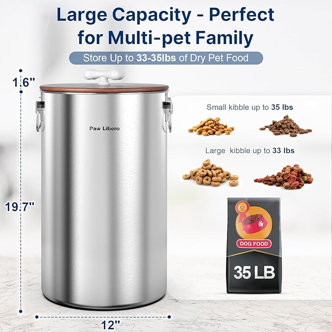 2PK 35 Lbs total 70Lbs Stainless Steel Dog Food Storage Container with Airtight Wooden Lid & Ceramic Bone Handle, Large Metal Dog Food Bin for Dogs & Cats, Keep Fresh, Easy to Clean