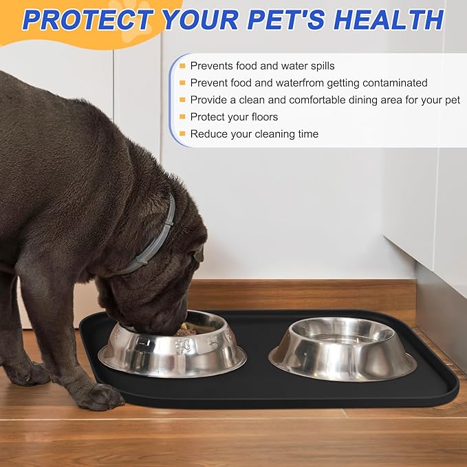 Silicone Pet Feeding Mat with Raised Edge for Food and Water, Dog Bowl Mats, Cat Bowls Placemat with High Lip for Floor Waterproof, Rubber Tray for Cats and Dogs 22 x 14 x0.8 Black