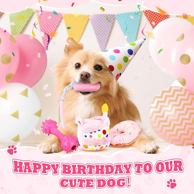 11 Pcs Dog Birthday Toy Gift for Dog Birthday Cake Puppy Girl Boy Squeak Toys Interactive Puppy Gift with Box for Small Medium Size(Classic,Pink)