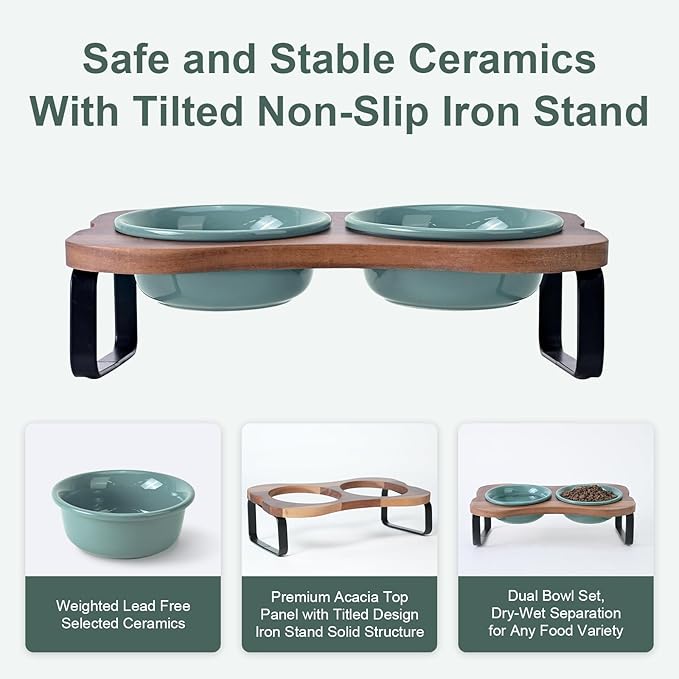 SPUNKYJUNKY Ceramic Elevated Tilted Dog Bowls Bone-Shaped Raised with 2 Height Iron Stand, 4.9'' Dog and Cat Food Water Bowls Set Non-Slip for Puppy Kitten Small Sized Breed - 7 OZ,Dark Green