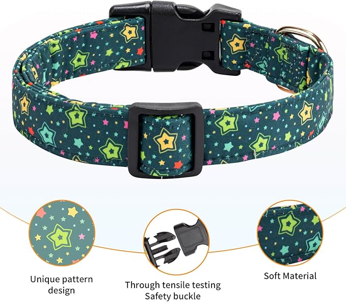 Cotton Dog Collar,Adjustable Cute Puppy Collar with Moon Patterned Design for Small Medium Large Dogs,Soft and Fancy Pet Collar with Safety Buckle for Girl Boy Dogs (Green Star, Medium)