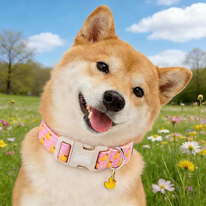 Elegant little tail Dog Collar, Rubber Duck Print Spring/Summer Soft Cotton Puppy Collars Adorable Female or Male Pet Gift Lightweight Plastic Adjustable Dog Collar for Medium Dogs