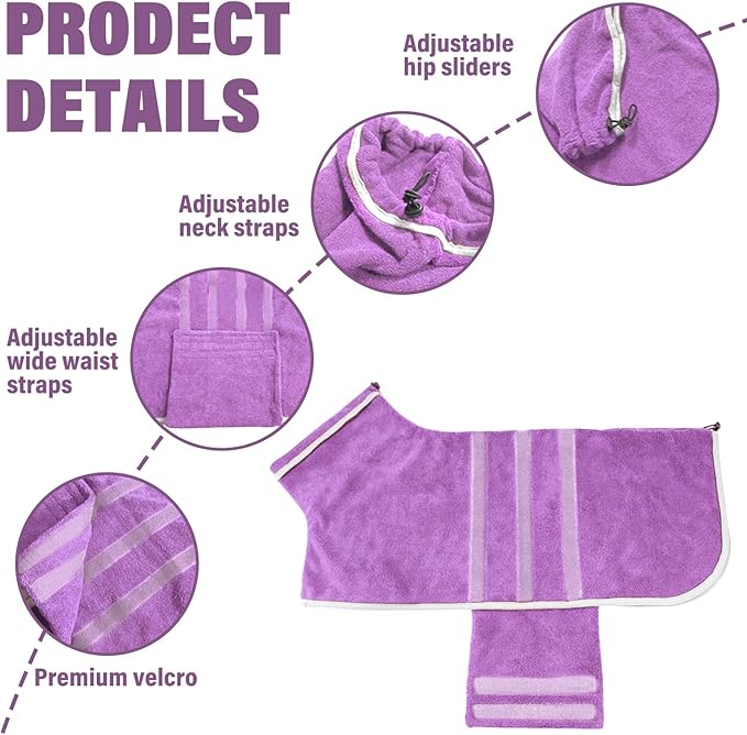 Dog Robe - Fast Drying Towel - Microfiber Super Absorbent Pet Bathrobe, Adjustable Collar & Belly Strap (Purple, XXX-Large)