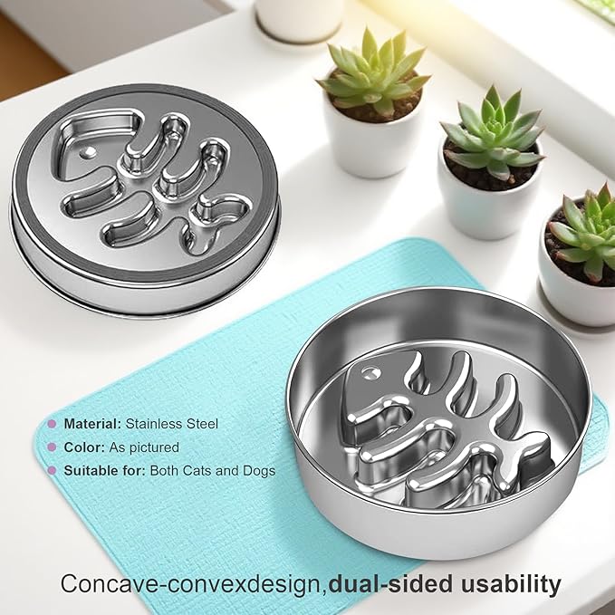 Stainless Steel Slow Feeder Dog Bowl, 304 Grade MetalPet Food Bowl, Teddy Cat Design Insert, HealthyFeeding Solution for Dogs, Cats
