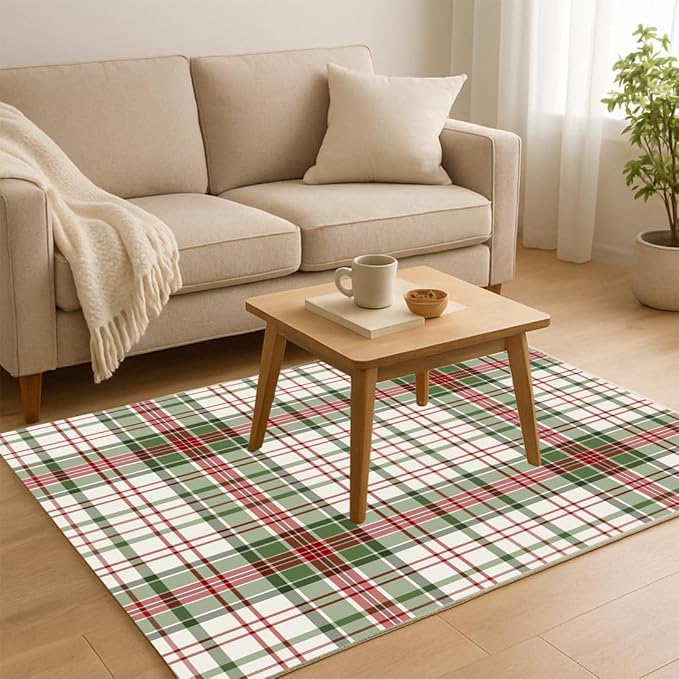 Muddy Mat짰 Plaid 2x10 Washable Area Rugs for Living Room, Bedroom & Dining Room ??Modern Soft Low Pile Non Slip Carpet ??Pet Friendly Waterproof Foldable Rugs for Home
