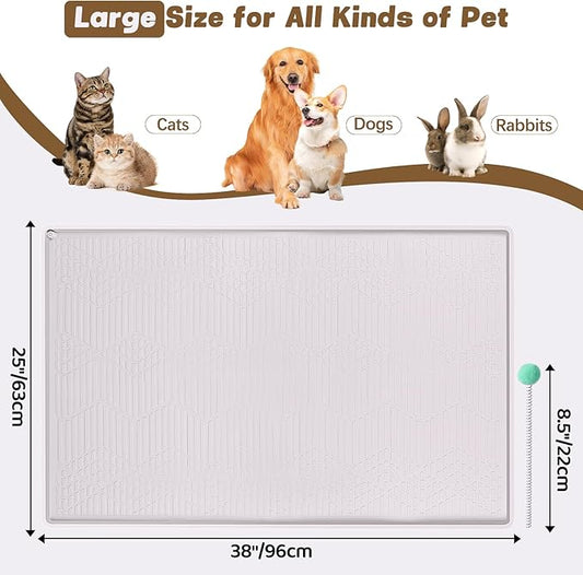 Cat Food Mat with Toy Ball, 38'' x 25'' Extra Large Silicone Pet Feeding Mat with Raised Edge Pet Placemat for Food and Water Bowl Non-Slip, Easy to Clean, Floor Protection (White)