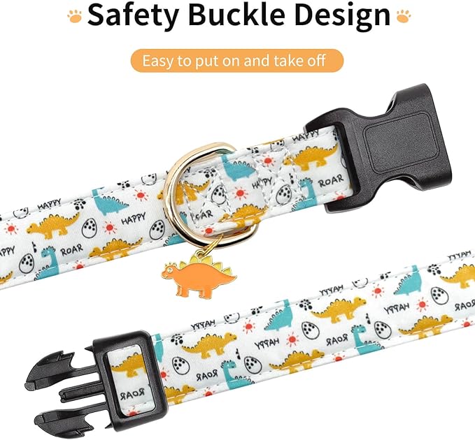 Cotton Dog Collar,Adjustable Cute Puppy Collar with Moon Patterned Design for Small Medium Large Dogs,Soft and Fancy Pet Collar with Safety Buckle for Girl Boy Dogs (Yellow Dinosaur, S)