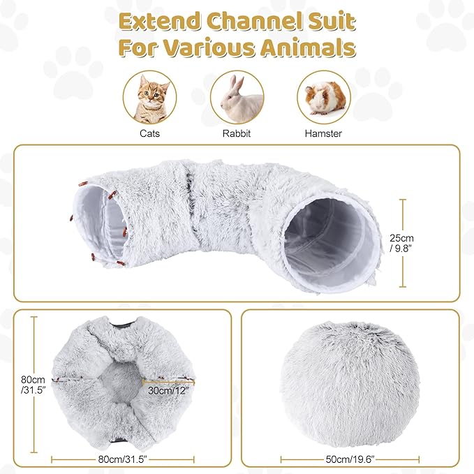 Odoland Cat Tunnel Bed with 20 Cat Toys - Indoor Plush Kitten Couch,Detachable Cats Cave Donut Tunnel & Soft Kitten Toy Set-Cozy Cat Furniture Grey