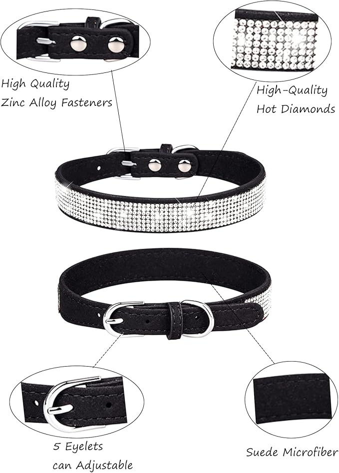 Dog Collar for Large Dogs, Adjustable Leather Suede Bling Dog Collars，Black Dog Collar Cat Collar, Rhinestone Dog Collar (L, Black)