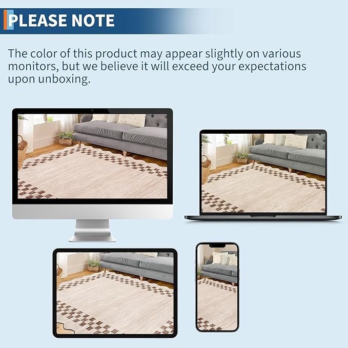 GarveeHome Washable Rug 5x7 for Living Room Large Bedroom Scalloped Rug Non Slip Stain Resistant Modern Border Throw Carpet Soft Boho Rug for Dining Room Nursery Home Office, Beige