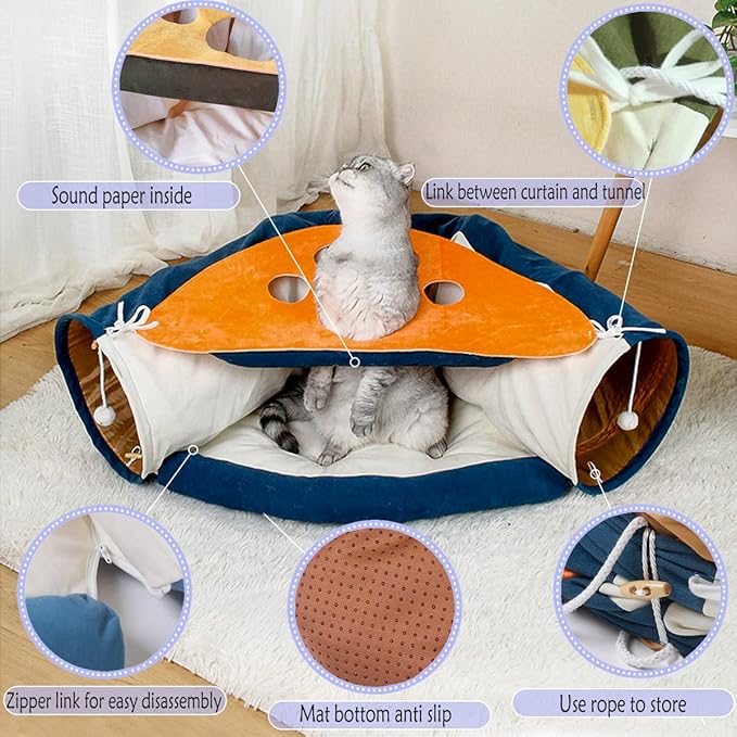 LEFTSTARER 2-in-1 Collapsible Cat Tunnel for Indoor Bed and Hideout - Pet Dog Rabbit Bunny Ferret Tunnel Tubes Toys with Removable Washable Mat, Tower Wheel Stuff
