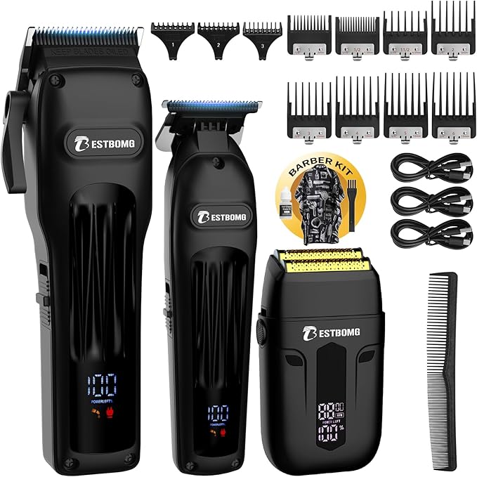 BESTBOMG® Hair Clippers for Men, Professional Hair Clippers, Beard Trimmer& Rechargeable Shaver Set, Metal T-Blade, LED Display, Barber Hair Cutting Kit for Men Grooming & Gifts, BS-808A (Black)