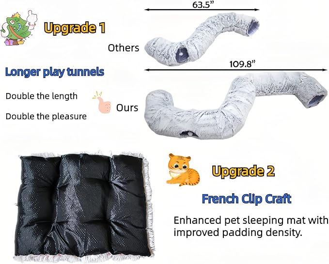 XxingSheep XL Cat Tunnel with Bed for Indoor Cats Peekaboo Cat Cave Donut Toy with Warm Mat,Azure Blue