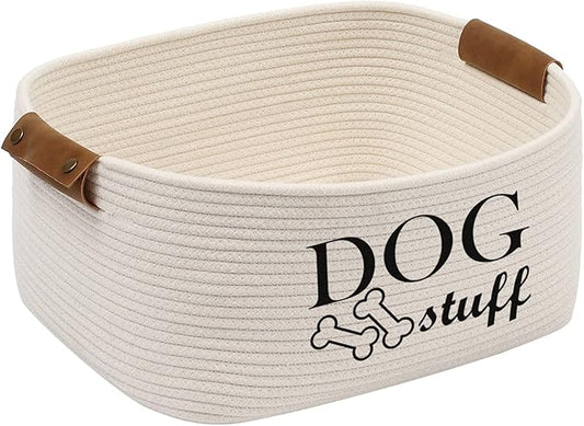 Durable Cotton Rope Dog Toy Storage, Large Dog bin, pet Bed, Puppy Toy Box - Perfect for organizing pet Toys, Blankets, leashes, Clothing and Any Doggie Stuff - Beige