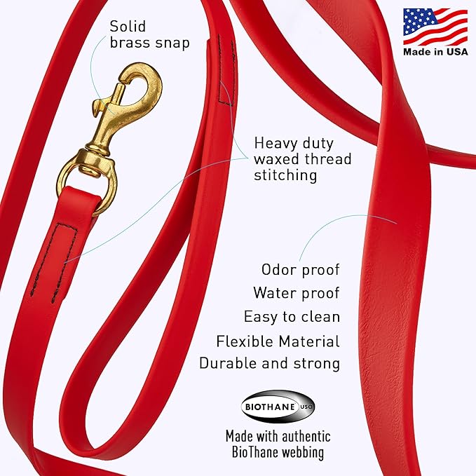 Viper Biothane K9 Working Dog Leash Waterproof Lead for Tracking Training Schutzhund Odor-Proof Long Line with Solid Brass Snap for Puppy Medium and Large Dogs, 33ft Cherry Red