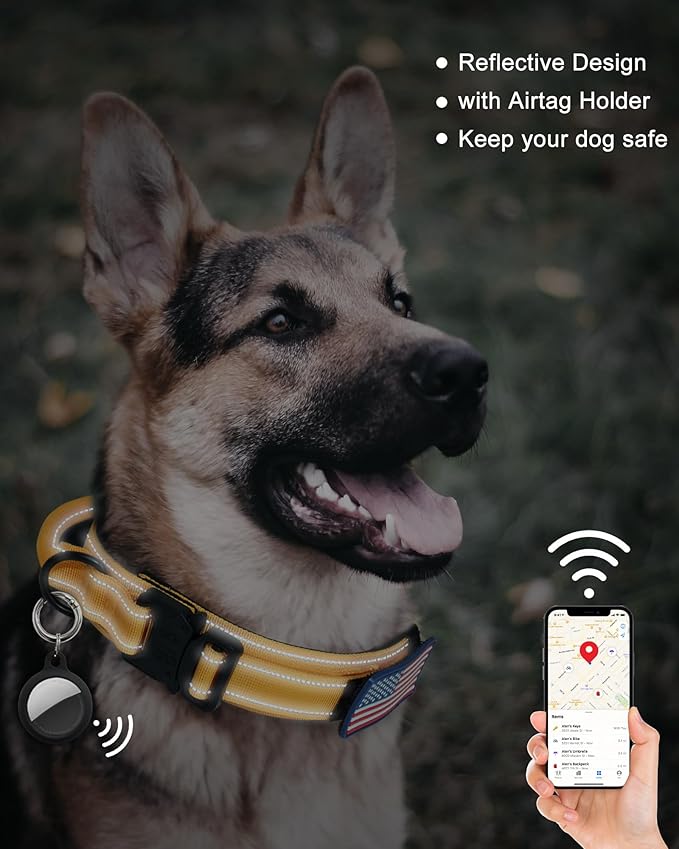 AUBELL Reflective Tactical Dog Collar,Adjustable Military Heavy Duty K9 Collars with Handle and Quick Release Metal Buckle Great for Extra Large Dogs, with Airtag Case and 2 Patches (Yellow,XL)