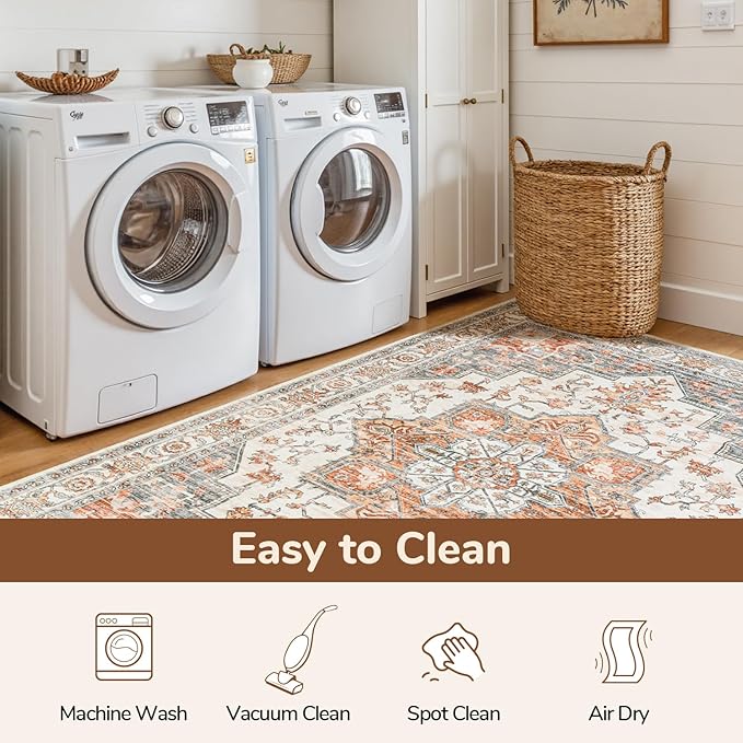 Lessymo 8×10 Area Rugs Washable for Living Room, Large Soft Indoor Rug Non-Slip for Bedroom Kitchen Dining Room Dorm Nursery, Vintage Boho Carpet Stain Resistant for Office Home Decor, Orange/White