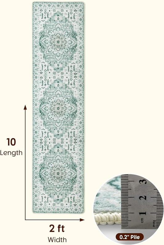 LBRO2M Boho Hallway Rug 2'X10’ Washable Runner Rugs Non Slip Low Piles Rugs Vintage, Soft, Green Area Rug Runners for Hallways, Bedroom, Kitchen Laundry Room Pattern Print (2'X10', Light Green)