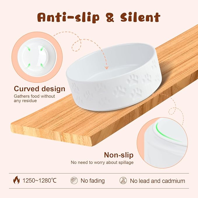 SPUNKYJUNKY Ceramic Elevated Dog Bowl Set with Acacia Wood Stand for Food and Water for Medium Dogs (42.27 OZ, White, Dog Paw Pattern)