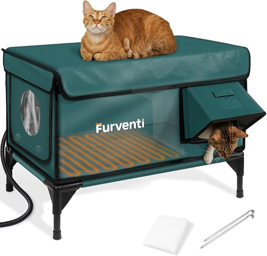 Heated Cat House for Outside,Dual Camera Mounts,100% Weatherproof & Extremely Insulated,Elevated Feral Cat Shelter with Escape Door,Waterproof Eaves for Outdoor Stray Barn Cat(Dark Green,M)