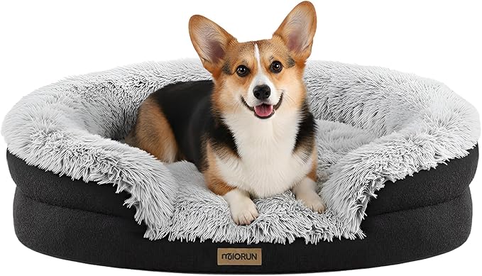 Fluffy Orthopedic Dog Bed for Small & Medium Dogs and Cats, Calming Plush Sofa Bed with Curved Bolster Support and Egg-Crate Foam Base, 35" Cozy Oval Pet Donut Bed with Washable Cover, Gray