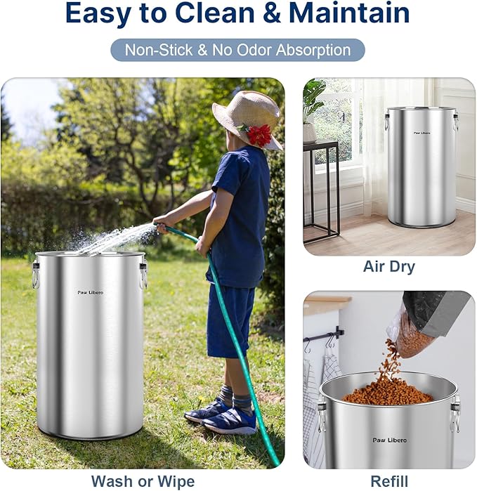 35 Lbs Stainless Steel Dog Food Storage Container with Airtight Wooden Lid & Ceramic Bone Handle, Large Metal Dog Food Bin, Pet Treat Jars for Dogs & Cats, Keep Fresh, Easy to Clean