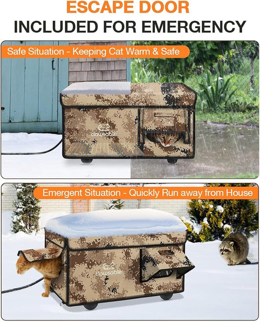 Indestructible Heated Cat House for Outside Cats Winter, 100% Weatherproof, Safe Escape Door, Insulated Outdoor Cat Shelter with Heater for Feral Barn Cat Kitty (Desert Camouflage, 12.6"x16.5"x12.6")