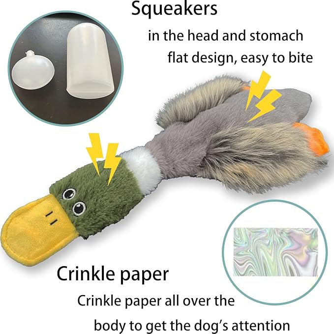 No Stuffing Toys 3 Pack, Squeaky Dog Toys for Large Dogs, Plush Toys for Aggressive Chewers, Indestructible Crinkle Paper Duck Dog Toy, Puppy Chew Toys for Teething (Soft Plush)