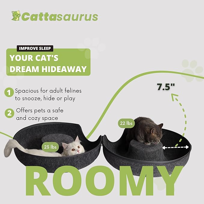 Cattasaurus Peekaboo Cat Cave Donut for Multiple & Large Cats up to 30-45 lbs, 3-in-1 Self Warming Cat Bed, Tunnel & Scratcher for Indoor Cats, Washable & Detachable (Dark Gray + Dark Gray, Large)