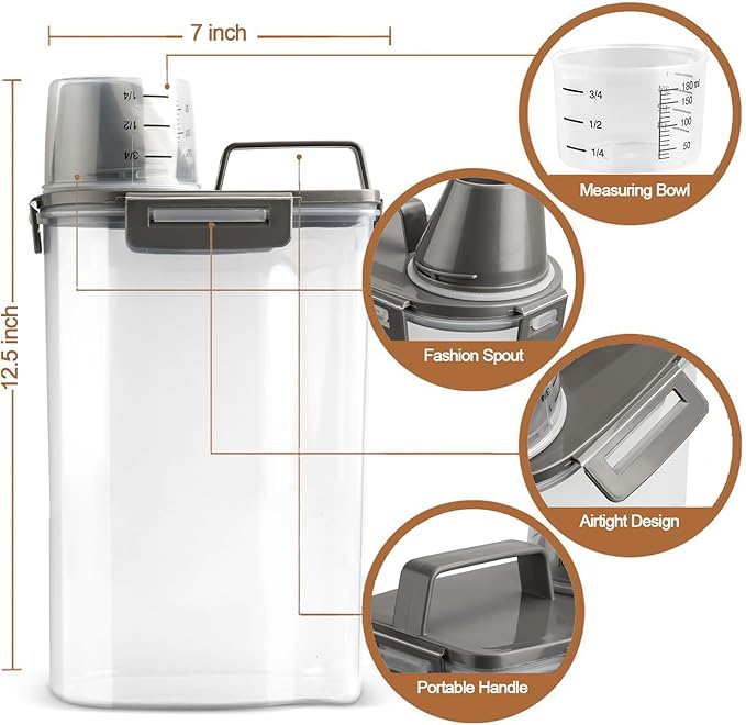 Upgraded Dog Food Storage Container Small, Cat Food Container Airtight, Pet Food Container Dispenser with Pour Spout, Measuring Cup and 4 Seal Buckles for Dogs, Cats, Birds (Grey)