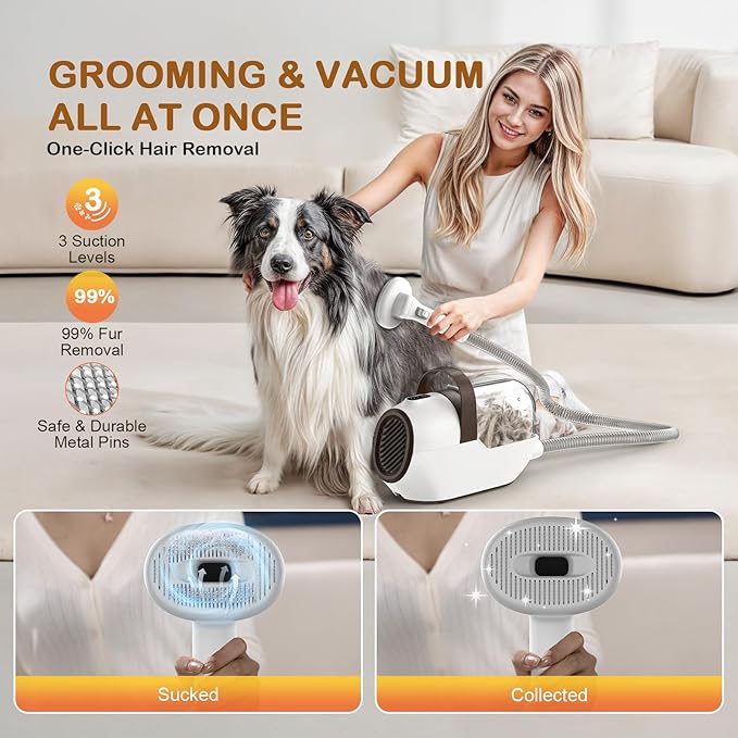 Dog Grooming Vacuum, Dog Grooming Kit with Pet Clipper Nail Grinder, 6 Pet Grooming Tools (Mushroom)